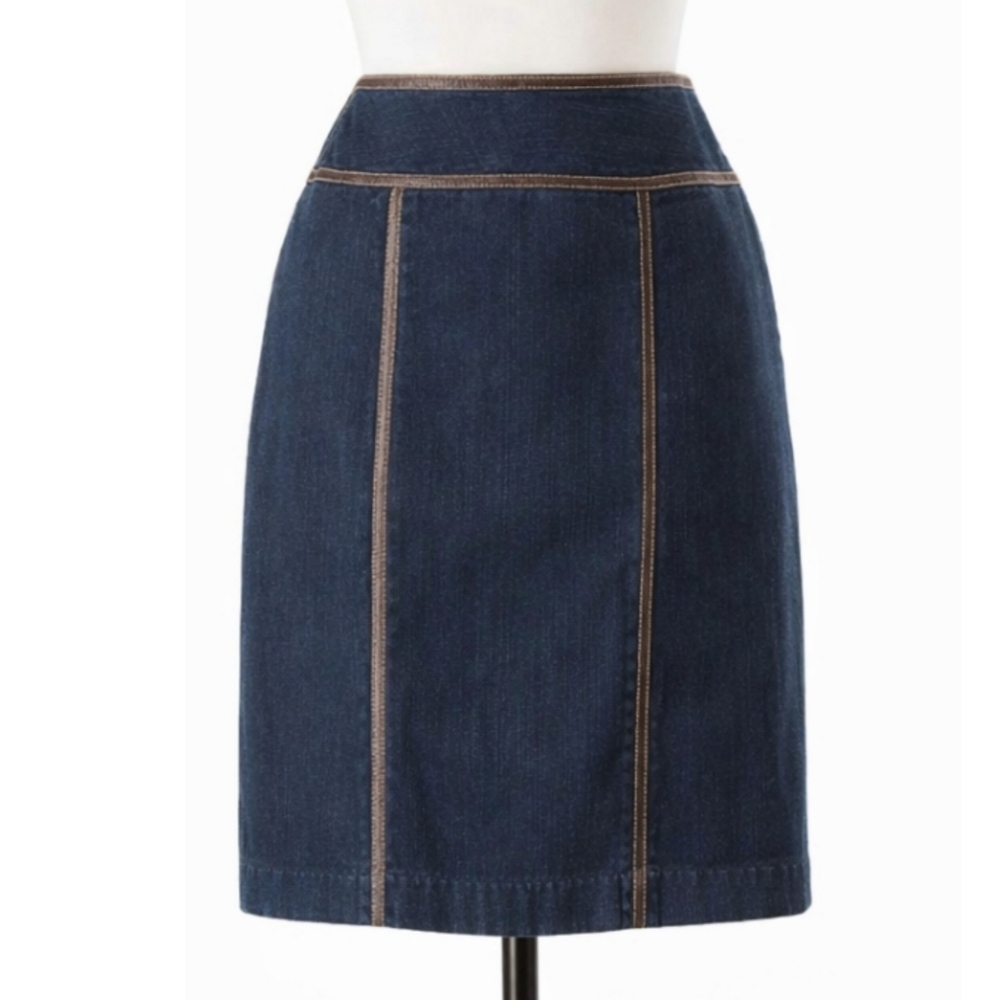 MICHAEL Michael Kors Denim Skirt Brown Faux Leather Trim Size 8 Blue